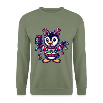 Fröhlicher Pinguin Mit Weihnachtslichtern - Unisex Pullover - Armeegrün - Vorne - Alina (178cm) & Michal (187cm)