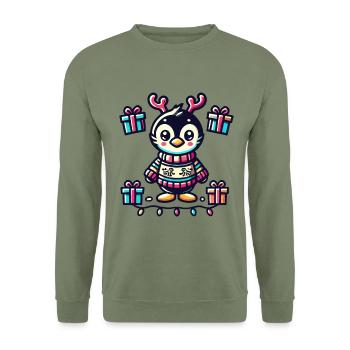 Süßer Pinguin Mit Rentiergeweih Und Geschenken - Unisex Pullover - Armeegrün - Vorne - Alina (178cm) & Michal (187cm)