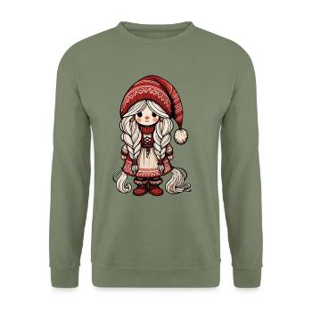 Niedlicher Weihnachtself Skandinavischer Stil - Unisex Pullover - Armeegrün - Vorne - Alina (178cm) & Michal (187cm)