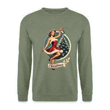 Weihnachtliches Retro Pin-Up Motiv - Unisex Pullover - Armeegrün - Vorne - Alina (178cm) & Michal (187cm)