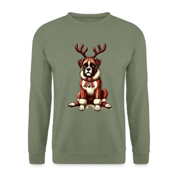 Weihnachtlicher Boxer Hund Mit Geweih - Unisex Pullover - Armeegrün - Vorne - Alina (178cm) & Michal (187cm)