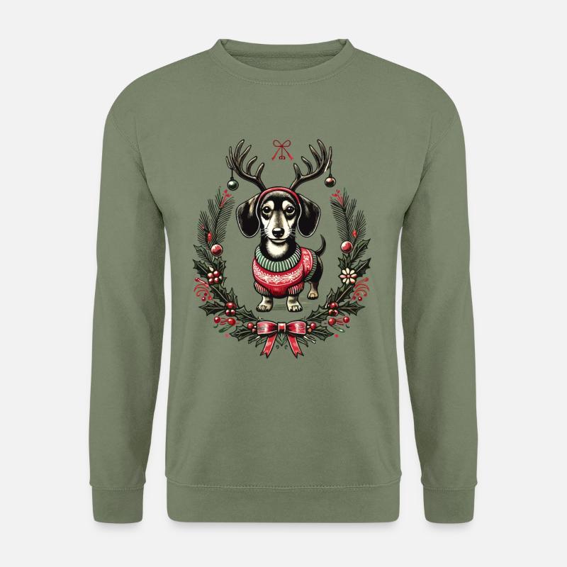 Fröhlicher Dackel Im Weihnachtspullover - Unisex Pullover - Armeegrün