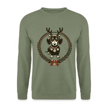 Teckel avec des bois dans une couronne festive - Sweat-shirt Unisexe - vert militaire - Devant - Alina (178cm) & Michal (187cm)