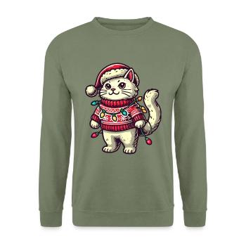 Weihnachtliche Katze Im Pullover Mit Lichterkette - Unisex Pullover - Armeegrün - Vorne - Alina (178cm) & Michal (187cm)