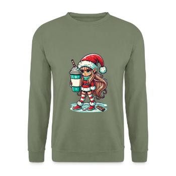 Nain de Noël au café - Sweat-shirt Unisexe - vert militaire - Devant - Alina (178cm) & Michal (187cm)