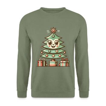 Fröhlicher Weihnachtsbaum Mit Geschenken - Unisex Pullover - Armeegrün - Vorne - Alina (178cm) & Michal (187cm)