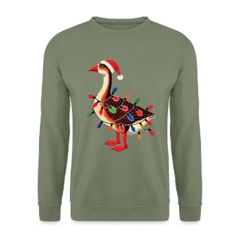 Weihnachtlicher Tollpatsch Gans Mit Lichterkette - Unisex Pullover - Armeegrün - Vorne - Alina (178cm) & Michal (187cm)
