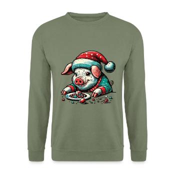 Greedy Christmas Pig - Unisex Sweatshirt - army green - Front - Alina (178cm) & Michal (187cm)
