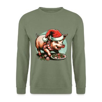 Weihnachtliches Völlerei Schwein Mit Mütze - Unisex Pullover - Armeegrün - Vorne - Alina (178cm) & Michal (187cm)