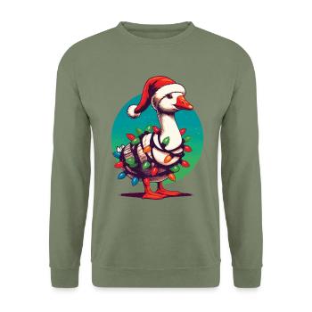 gWeihnachten Lustiger Tollpatsch Gans - Unisex Pullover - Armeegrün - Vorne - Alina (178cm) & Michal (187cm)