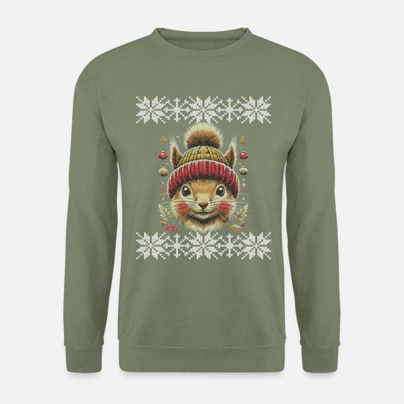 Winterfreude Mit Eichhörnchen Im Strickmuster - Unisex Pullover - Armeegrün