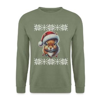 Weihnachtliches Eichhörnchen Mit Weihnachtsmütze - Unisex Pullover - Armeegrün - Vorne - Alina (178cm) & Michal (187cm)