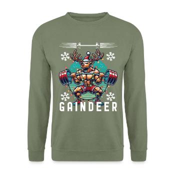 Muskel-Rentier Weihnachten Fitness - Unisex Pullover - Armeegrün - Vorne - Alina (178cm) & Michal (187cm)