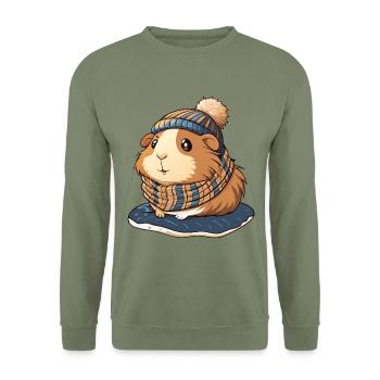 Niedliches Meerschwein mit Schal und Pudelmütze. - Unisex Pullover - Armeegrün - Vorne - Alina (178cm) & Michal (187cm)