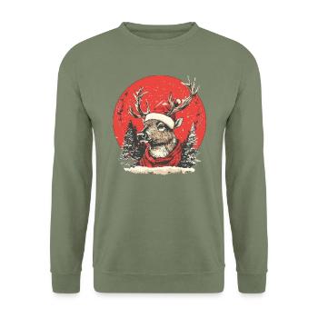 Hirsch mit Weihnachtsmütze - Unisex Pullover - Armeegrün - Vorne - Alina (178cm) & Michal (187cm)
