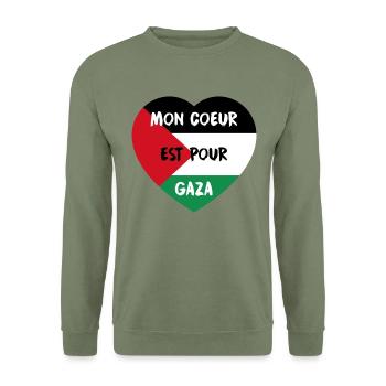 Mon Coeur est pour Gaza dans un drapeau Palestine - Sweat-shirt Unisexe - vert militaire - Devant - Alina (178cm) & Michal (187cm)