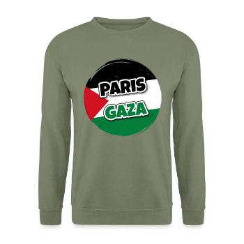 Drapeau de la Palestine rond avec texte PARIS GAZA - Sweat-shirt Unisexe - vert militaire - Devant - Alina (178cm) & Michal (187cm)