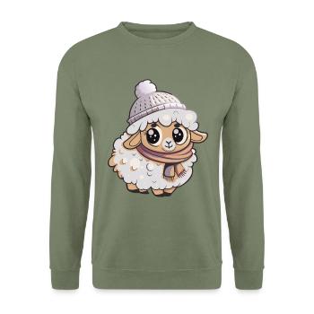Niedliches Schaf mit Schal und Pudelmütze. - Unisex Pullover - Armeegrün - Vorne - Alina (178cm) & Michal (187cm)