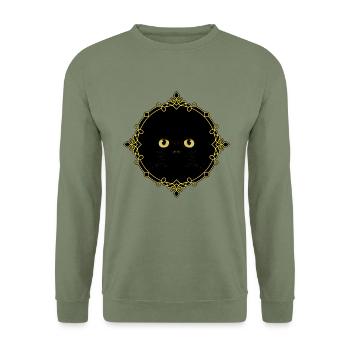 Schwarze Katze Abzeichen - Pixel Art - Unisex Pullover - Armeegrün - Vorne - Alina (178cm) & Michal (187cm)