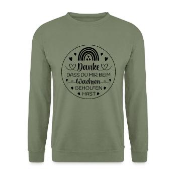 Boho Regenbogen bunt Danke sagen Kita Kindergarten - Unisex Pullover - Armeegrün - Vorne - Alina (178cm) & Michal (187cm)