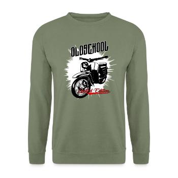 Simson Schwalbe Moped - Unisex Pullover - Armeegrün - Vorne - Alina (178cm) & Michal (187cm)