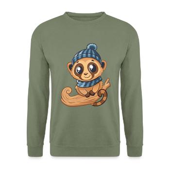 Mignon lémurien avec écharpe et chapeau à pompon. - Sweat-shirt Unisexe - vert militaire - Devant - Alina (178cm) & Michal (187cm)