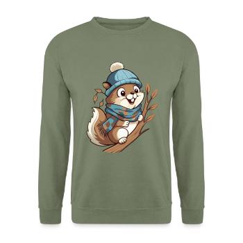 Niedliches Eichhörnchen mit Schal und Pudelmütze. - Unisex Pullover - Armeegrün - Vorne - Alina (178cm) & Michal (187cm)