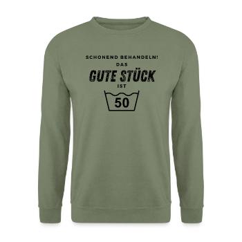 Schonend behandeln! 50. Geburtstag - Unisex Pullover - Armeegrün - Vorne - Alina (178cm) & Michal (187cm)