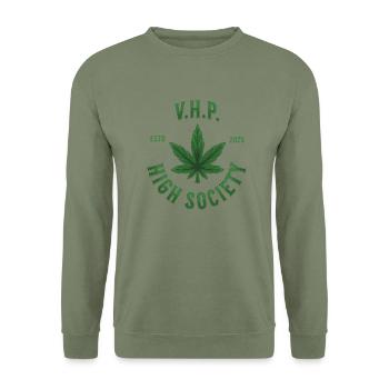 Cannabis T-Shirt Mariuhana High Society - Sweat-shirt Unisexe - vert militaire - Devant - Alina (178cm) & Michal (187cm)