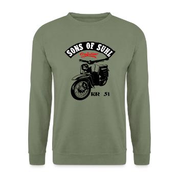 Simson Schwalbe Moped KR 51 - Unisex Pullover - Armeegrün - Vorne - Alina (178cm) & Michal (187cm)