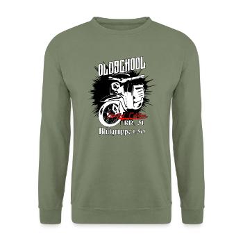 Simson Schwalbe Moped - Unisex Pullover - Armeegrün - Vorne - Alina (178cm) & Michal (187cm)