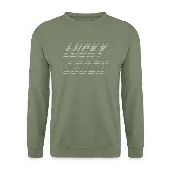 Tennis Shirt Hoodie Mug Lucky Loser - Unisex Pullover - Armeegrün - Vorne - Alina (178cm) & Michal (187cm)