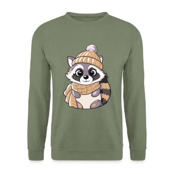 Niedlicher Waschbär mit Schal und Pudelmütze. - Unisex Pullover - Armeegrün - Vorne - Alina (178cm) & Michal (187cm)