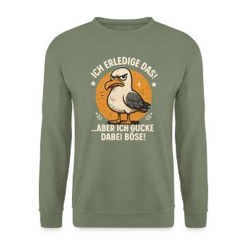 Ich mach das Möwe lustiger Büro Spruch - Unisex Pullover - Armeegrün - Vorne - Alina (178cm) & Michal (187cm)