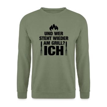 grillen Flamme Grillmeister Barbecue lustig Papa - Unisex Pullover - Armeegrün - Vorne - Alina (178cm) & Michal (187cm)