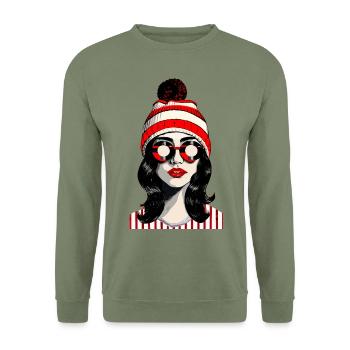 Stylisches Retro-Pop-Art-Design mit coolem Vibe - Unisex Pullover - Armeegrün - Vorne - Alina (178cm) & Michal (187cm)