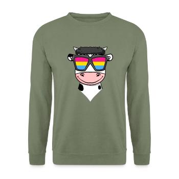 Pansexuell Kuh - Kuh mit Brille - Unisex Pullover - Armeegrün - Vorne - Alina (178cm) & Michal (187cm)