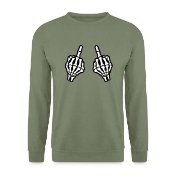 Mittelfinger Hand Skelett - Unisex Pullover - Armeegrün - Vorne - Alina (178cm) & Michal (187cm)