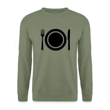 Teller und Besteck - Unisex Pullover - Armeegrün - Vorne - Alina (178cm) & Michal (187cm)