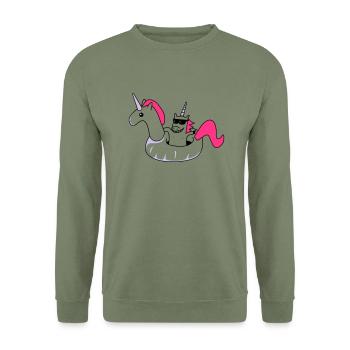 Einhorn im Schwimmeinhorn - Unisex Pullover - Armeegrün - Vorne - Alina (178cm) & Michal (187cm)