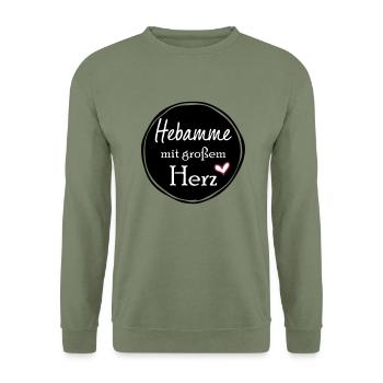 Hebamme mit großem Herz - Unisex Pullover - Armeegrün - Vorne - Alina (178cm) & Michal (187cm)