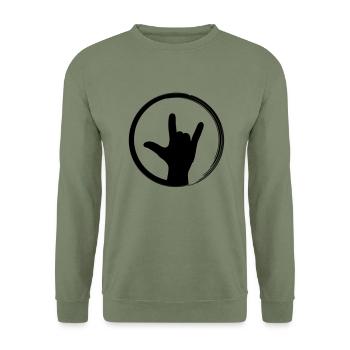 Rock Hand Kreis Musik, I love you, Party, Festival - Unisex Pullover - Armeegrün - Vorne - Alina (178cm) & Michal (187cm)