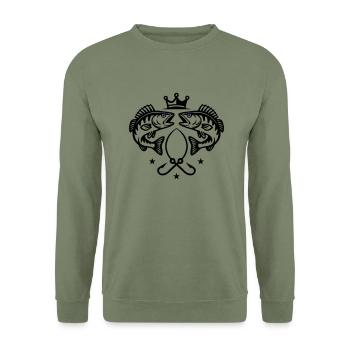 Angeln Hecht Fisch Symbol - Unisex Pullover - Armeegrün - Vorne - Alina (178cm) & Michal (187cm)