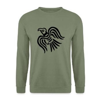 Rabe im Flug - wikingerzeitliche Darstellung - Unisex Pullover - Armeegrün - Vorne - Alina (178cm) & Michal (187cm)