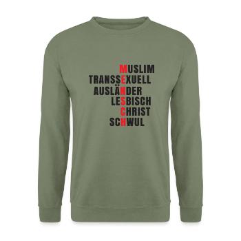 Antirassismus - Mensch - Unisex Pullover - Armeegrün - Vorne - Alina (178cm) & Michal (187cm)