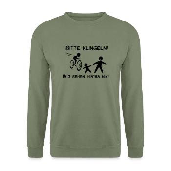 Bitte klingeln! Radfahrer-Hund - Unisex Pullover - Armeegrün - Vorne - Alina (178cm) & Michal (187cm)