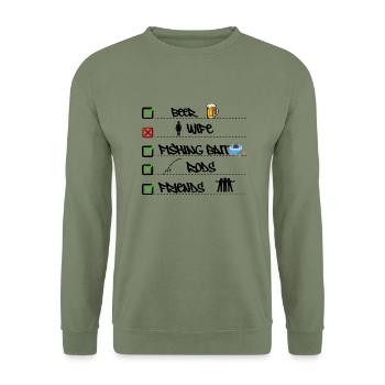 Checkliste für Prioritäten beim Angeln Lustiger Fischer - Unisex Pullover - Armeegrün - Vorne - Alina (178cm) & Michal (187cm)