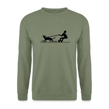 Hund zieht Mann 2 - Unisex Pullover - Armeegrün - Vorne - Alina (178cm) & Michal (187cm)