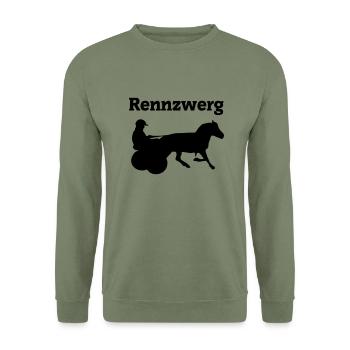 Rennzwerg, Shetty mit Gig, Minitraber - Unisex Pullover - Armeegrün - Vorne - Alina (178cm) & Michal (187cm)