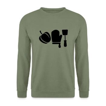 Grillen - Grillschürze selber gestalten - Unisex Pullover - Armeegrün - Vorne - Alina (178cm) & Michal (187cm)